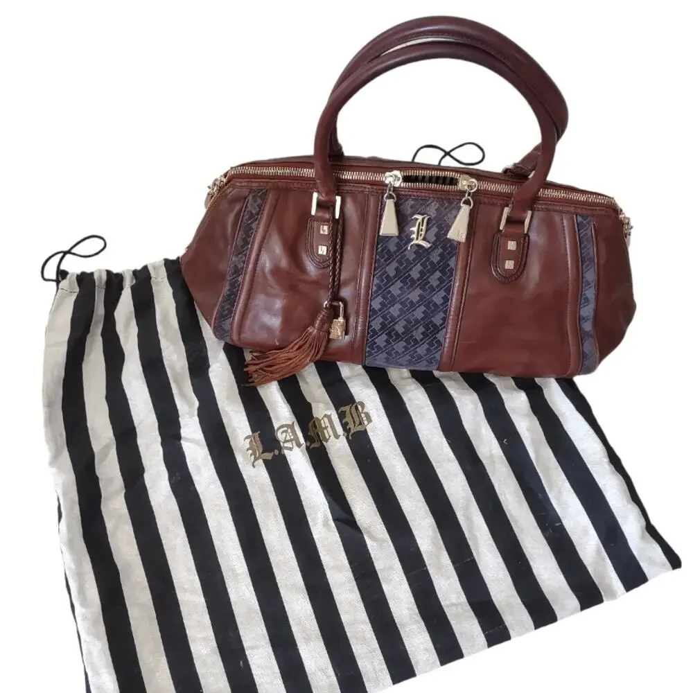 Vtg L.A.M.B. Leather Monogram Tote Handbag Gwen Stefani Top Handle Travel Purse